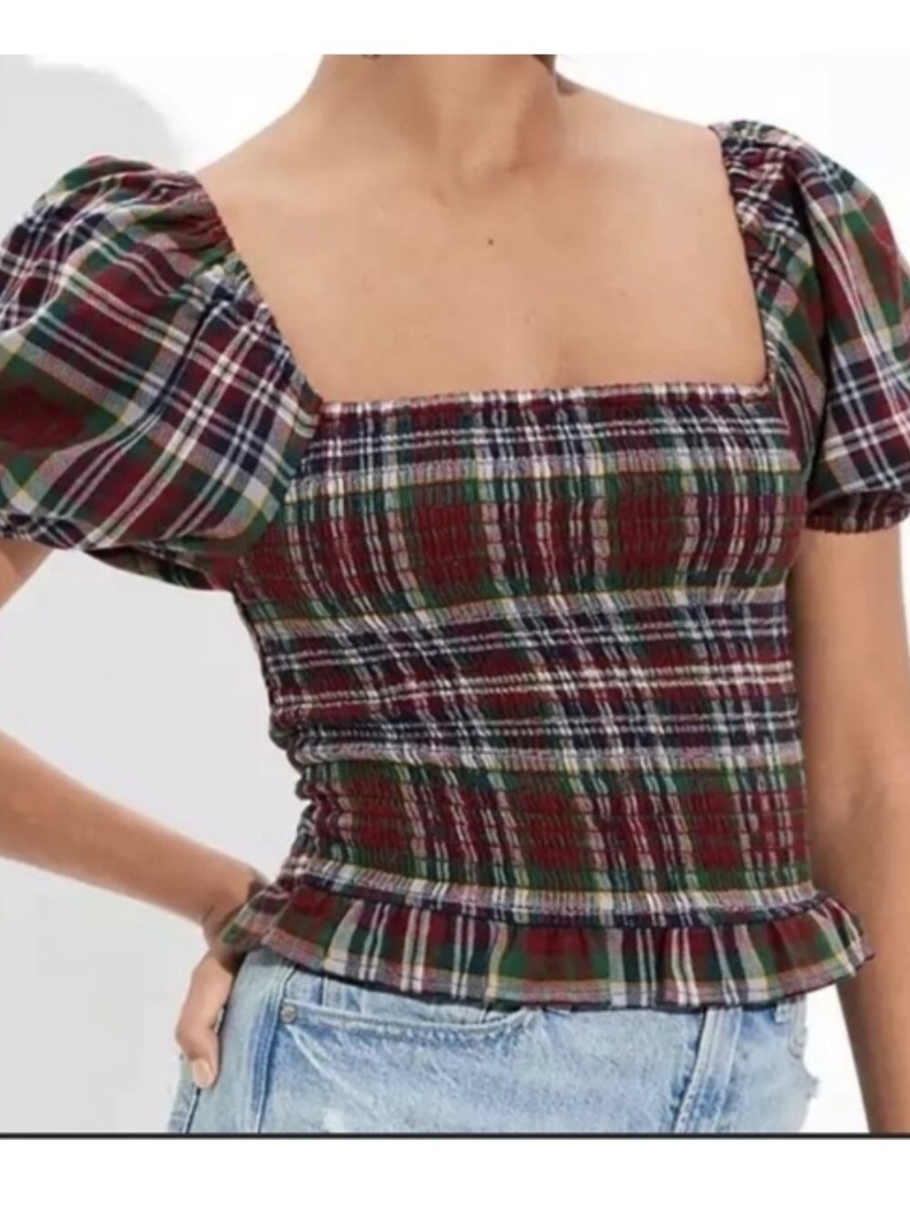 American Eagle Outfitters Plaid Crop Top M Preppy Bubble Sleeve Smocked Blouse
